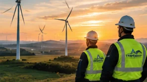 Two field technicians overlooking a wind farm at sunset
