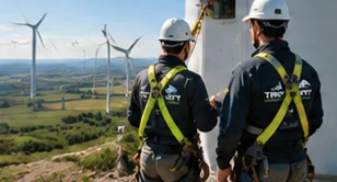 Two technicians in harnesses at the base of a turbine