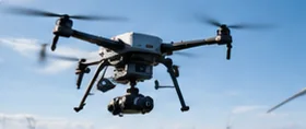 Inspection drone flying near wind turbines